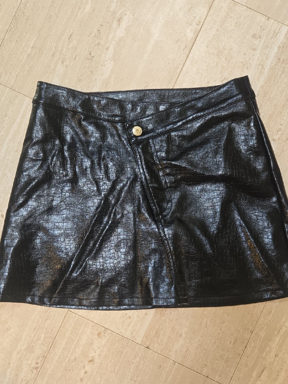 Torn by Ronny Kobo Black Faux Leather Croc Embossed Crossover Mini Skirt